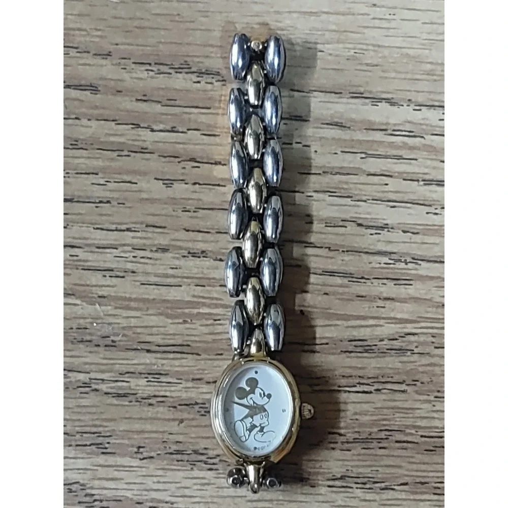 Vintage 90s Disney Mickey Mouse Two Tone Oval Watch Woman's Swiss Movt